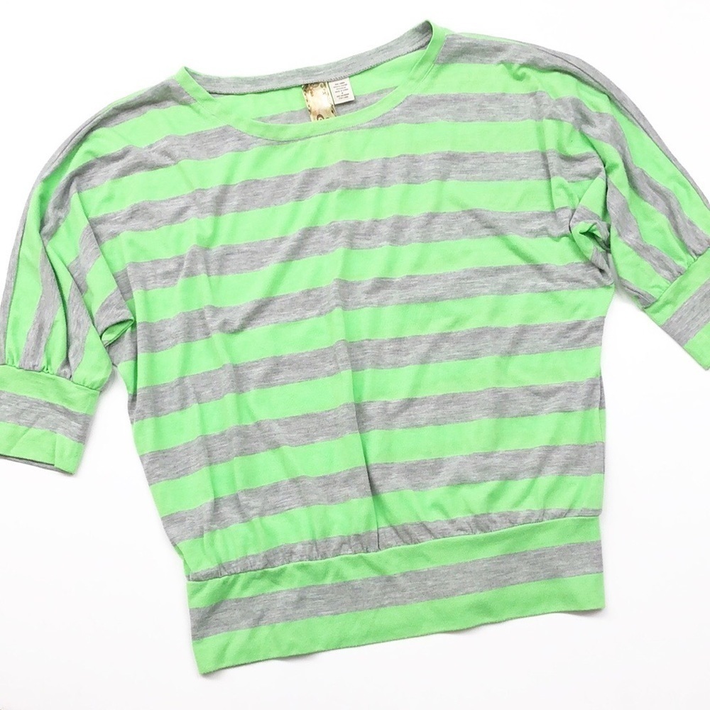 Spoiled lime green/gray striped batwing top
